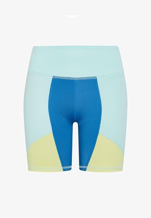 Tights med hög midja, tillverkade av stretchmaterial i blått, ljusblått och gult med geometrisk paneldesign och kontrasterande sömnad.