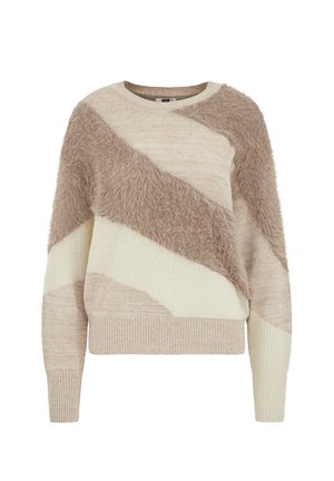 Pull beige et crème avec un motif diagonal texturé. Présente des accents en fil pelucheux et des poignets et un ourlet côtelés. Tissu tricoté doux.