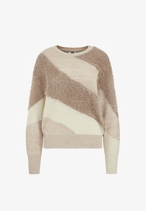 Beige and cream sweater with textured diagonal pattern. Features fluffy yarn accents and ribbed cuffs and hem. Soft knit fabric.