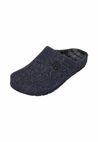 Dark blue felt slipper with a black rubber sole, rounded toe, and subtle pattern on the interior lining. Features a logo on the side.