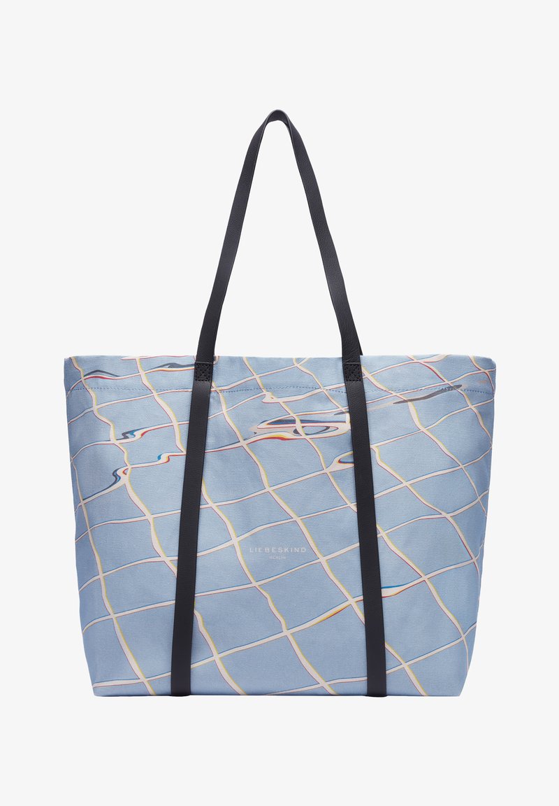 Blauer Einkaufstasche mit einem Rippmuster in Weiß, Pink und Gelb. Schwarze Schulterriemen, strukturierter Stoff und Logo an der Basis.