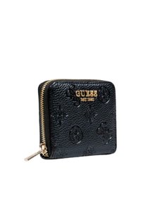 Portafoglio nero con texture, zip dorata e logo del marchio. Presenta motivi in rilievo e una forma quadrata compatta. Materiale sintetico resistente.