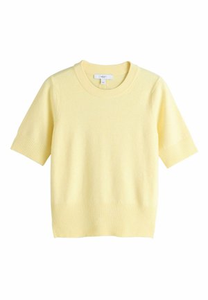Hellgelber Pullover mit kurzen Ärmeln aus weichem Stoff. Gerippter Halsausschnitt und Saum, mit lockerem Schnitt und glatter Textur. Schlichtes Design.