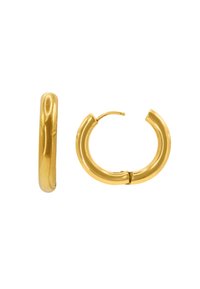 Boucles d'oreilles en or avec une finition polie, présentant une forme cylindrique et un design de fermoir à charnière. Texture lisse et bords sans couture.