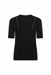 Svart kortermet strikket topp med vertikalt ribbestrikket og hullmønster, rund hals og tettsittende silhuett.