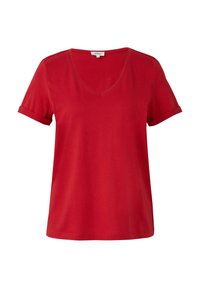 T-shirt rouge à manches courtes avec un décolleté en V. Fabriqué en tissu doux, il présente des poignets roulés et une coupe décontractée. Design simple sans motifs.