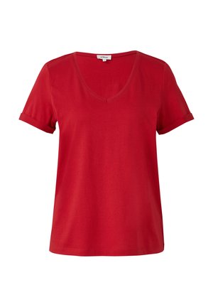 T-shirt rouge à manches courtes avec un décolleté en V. Fabriqué en tissu doux, il présente des poignets roulés et une coupe décontractée. Design simple sans motifs.