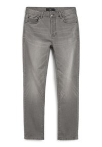 Jeans de mezclilla gris con corte recto, cinco bolsillos y una leve textura desgastada, con cierre de botón metálico y cremallera.