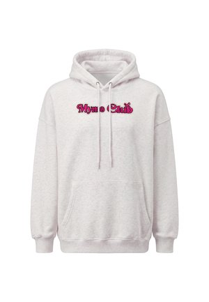 Lysegrå hættetrøje med frontlomme og pink broderet tekst "Mymo Club" på brystet.