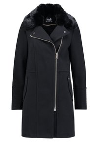 Abrigo de mezcla de lana negro con collar de pelo sintético, cierre de cremallera asimétrico, dos bolsillos laterales y puños acanalados. Diseño clásico con ajuste estructurado.