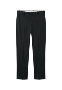 Pantalons noirs ajustés en tissu lisse, présentant un design à jambe droite, des plis doubles et une fermeture à bouton au niveau de la taille.