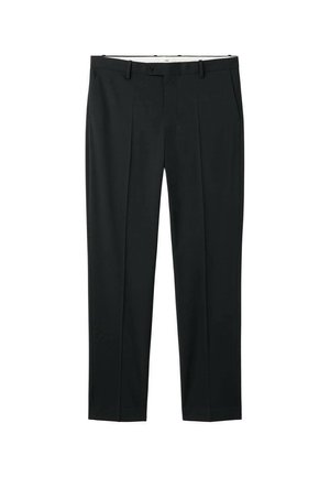 Schwarze maßgeschneiderte Hose aus glattem Stoff mit einem geraden Bein, doppelten Falten und einem Knopfverschluss am Bund.