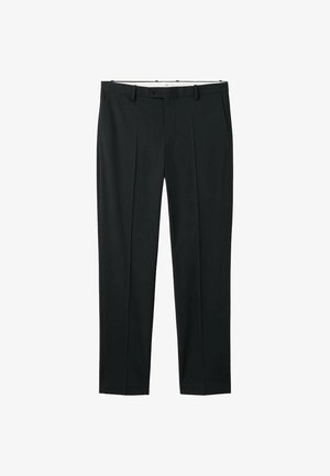 Schwarze maßgeschneiderte Hose aus glattem Stoff mit einem geraden Bein, doppelten Falten und einem Knopfverschluss am Bund.