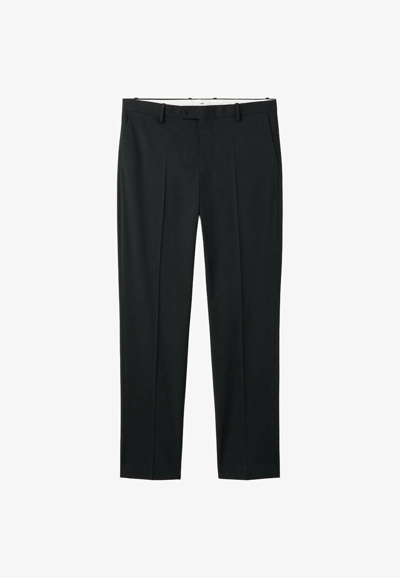 Pantalones ajustados negros hechos de tela suave, con un diseño de pierna recta, pinzas dobles y un cierre de botón en la cintura.