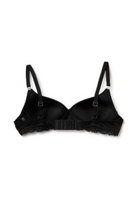 Černá krajková podprsenka s tvarovanými košíčky, nastavovacími ramínky a zapínáním na háček a očko. Má jemnou krajkovou obšivku podél pásu.