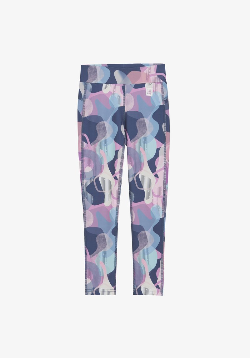 Leggings con un motivo astratto multicolore nei toni di viola, rosa e blu. Realizzati in un tessuto liscio e elasticizzato con una vestibilità aderente.