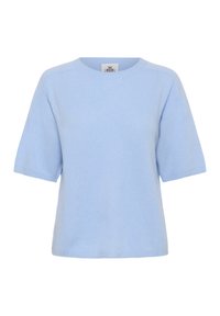 Hele sinine lühikeste varrukatega kampsun, valmistatud pehmest kudumismaterjalist, ümar kaelus ja soonikuga ääred. Lihtne disain ilma mustriteta.