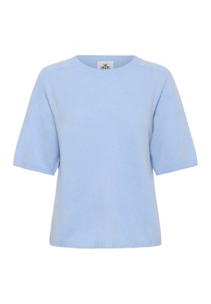 Pull bleu clair à manches courtes en maille douce, doté d'un col rond et d'ourlets côtelés. Design simple sans motifs.