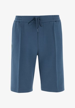 Niebieskie bawełniane szorty z elastycznym pasem i sznurkiem do regulacji. Posiadają boczne kieszenie i prosty krój. Gładka tekstura i długość do połowy uda.