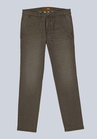 Dark gray, straight-leg jeans made of denim. Features include front pockets, a zip fly, and subtle textured detailing on fabric.