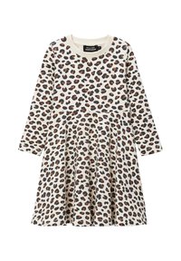 Robe à imprimé léopard avec des manches longues, un col rond, un corsage ajusté et une jupe évasée en tissu doux et léger.