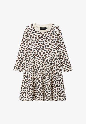 Robe à imprimé léopard avec des manches longues, un col rond, un corsage ajusté et une jupe évasée en tissu doux et léger.