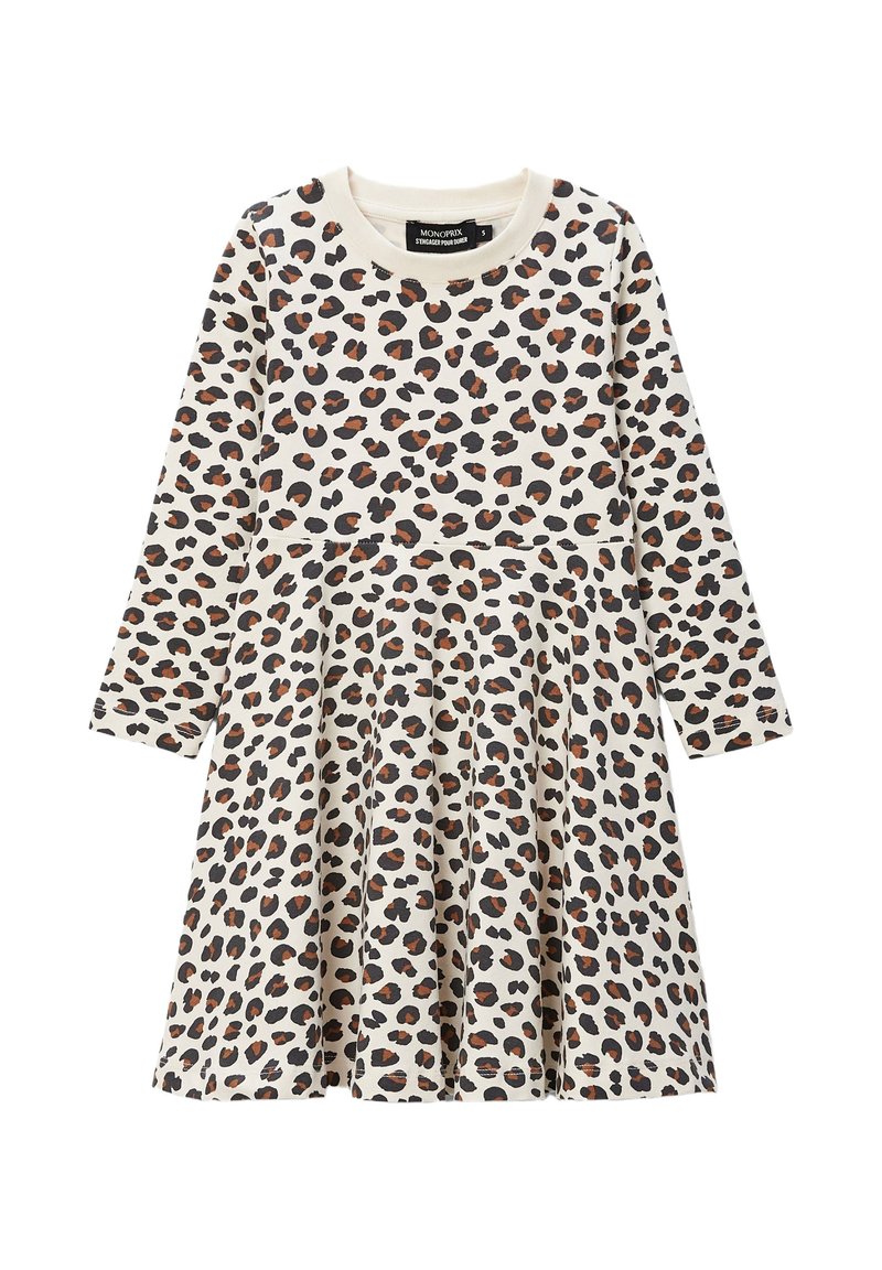 Robe à imprimé léopard avec des manches longues, un col rond, un corsage ajusté et une jupe évasée en tissu doux et léger.