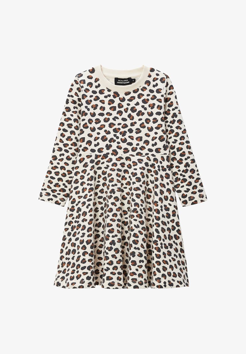 Robe à imprimé léopard avec des manches longues, un col rond, un corsage ajusté et une jupe évasée en tissu doux et léger.