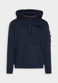 Hanorac cu glugă de culoare bleumarin, dintr-un amestec de bumbac, cu buzunar frontal tip kangaroo, mâneci cu tiv elastic, inscripție texturată și buzunar lateral cu fermoar, accent din material roșu.