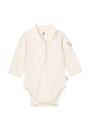 Cream-colored long-sleeve baby bodysuit with lace collar, two front buttons, and bear patch on the left sleeve.