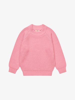 Roze gebreide trui met geribde ronde hals, manchetten en zoom, met een gestructureerd stekenpatroon en lange raglanmouwen.
