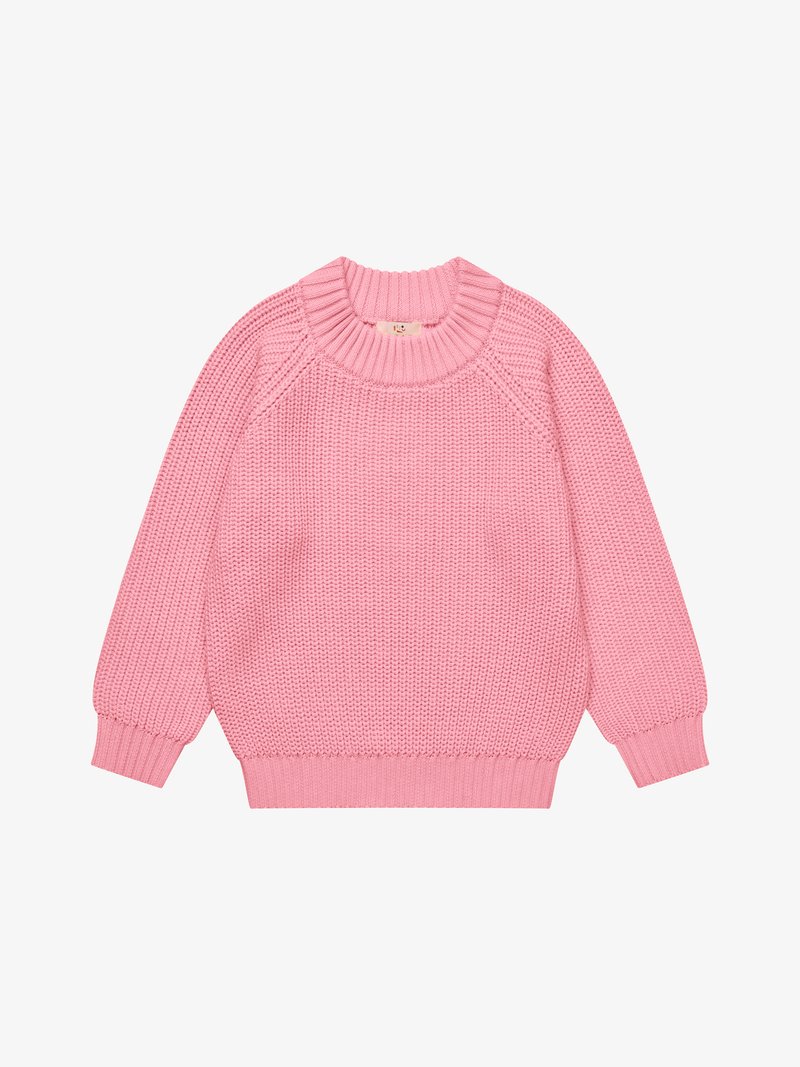 Rózsaszín kötött pulóver bordázott kerek nyakkal, mandzsettával és szegéllyel, texturált mintázattal és hosszú raglán ujjakkal.