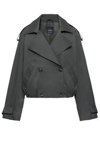 Trench-coat court gris foncé à double boutonnage avec larges revers, poches à boutons, pattes d'épaule et pattes de manches.