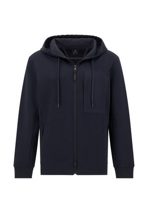 Marineblaues Zip-Up Hoodie aus weichem Stoff, mit verstellbarem Kapuzenzug, seitlichen Taschen und einer vorderen Pattentasche. Glatte Textur, minimalistisches Design.