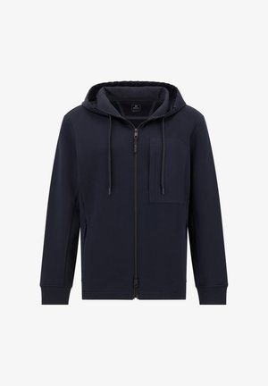 Temno modra zip-up jopica iz mehke tkanine, ki ima kapuco z vrvico, stranske žepe in sprednji žepek. Gladka tekstura, minimalističen dizajn.
