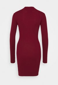 Robe en tricot côtelé à manches longues de couleur bordeaux, silhouette ajustée, col rond et longueur mi-cuisse, vue de dos.