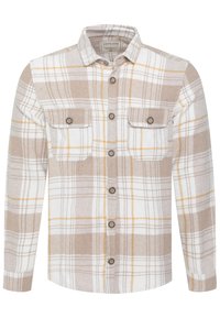 Camicia flanella a quadri beige e bianca con accenti gialli, dotata di chiusura a bottoni e due tasche sul petto, realizzata in un materiale morbido e testurizzato.