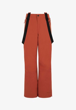 Oranje skibroek met zwarte verstelbare bretels, ritszakken aan de zijkant en een recht pijpontwerp. Duurzaam, weerbestendig materiaal.