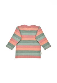 Ripp-langarmshirt mit mehrfarbigen Streifen in Grün, Pink und Orange. Rundhalsausschnitt mit einem Etikett auf der unteren linken Seite.