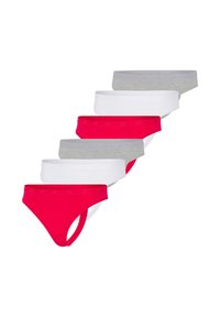 Sechs Bikinihöschen für Damen in versetzter Reihe, abwechselnd in Rot, Weiß und Hellgrau mit einem dezenten Logobund.