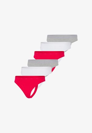 Kuuden naisten bikinihousut epäsäännöllisessä rivissä, vuorotellen punaisena, valkoisena ja vaaleanharmaana, joissa on hillitty logovyö.