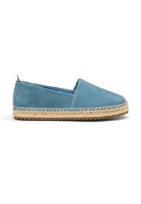 Light blue suede espadrille with a natural jute and rubber sole, featuring a slip-on design and no visible hardware or accents.