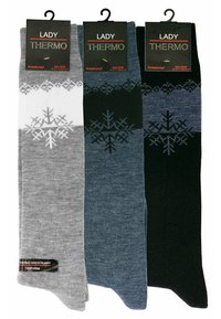 Tre paia di calze termiche fino al ginocchio in grigio, grigio scuro e nero, con motivi a fiocco di neve. Realizzate in materiale morbido e elasticizzato.