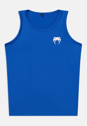 Sinine varrukateta sportlik topp ümmarguse kaelusega ja vasakul rinnal väike valge kihva kujuline logo.