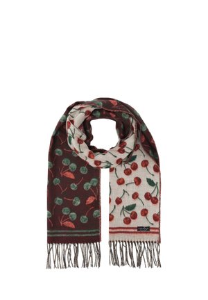 Scarf with two-tone cherry pattern, one side dark with green cherries, other light with red cherries, both sides have fringe edges.