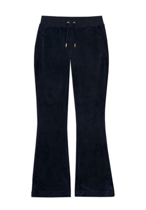 Pantalons évasés bleu marine en velours doux, avec une taille élastique à cordon de serrage et des accents dorés, ainsi que des poches latérales.