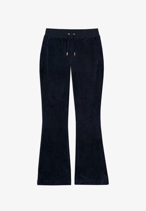 Marineblauwe flared broek van zacht flonkerend materiaal, met een tailleband met trekkoord en gouden accenten, en zijzakken.