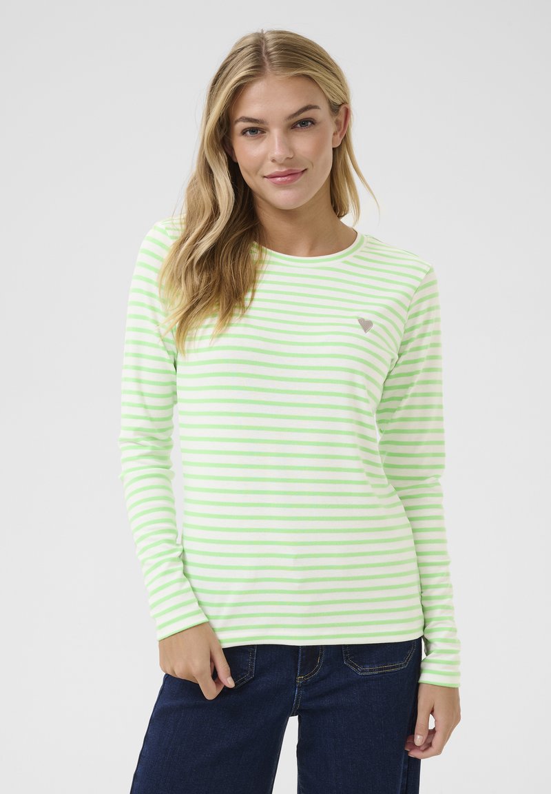 Camicia a maniche lunghe a righe verde menta con linee bianche, dotata di un piccolo logo a forma di cuore sul petto. Tessuto morbido e leggero.