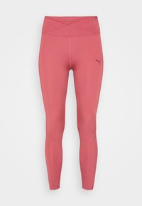 Roze sportlegging met een brede, gekruiste tailleband en een slank, aansluitend ontwerp. Gemaakt van rekbare stof met een klein logo aan de zijkant.