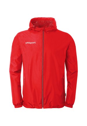 Rote Sportjacke mit Kapuze, durchgehendem Frontreißverschluss, elastischen Bündchen, durch Reißverschlüsse verschließbaren Seitentaschen und weißem "uhlsport"-Logo auf der Brust.